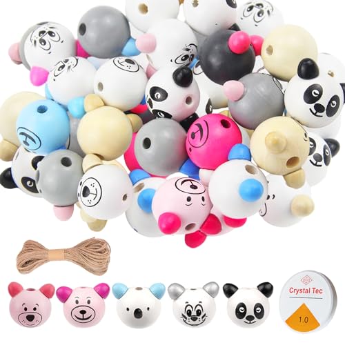 ZIOYA 50 Stück Holzkugel mit Gesicht Sorgenwurm Kopfe Panda Koala Holzperlen Natur mit Gesicht Sorgenwürmchen mit Elastisches Seil für Selbstgemachte Halsketten Armbänder Quasten von ZIOYA