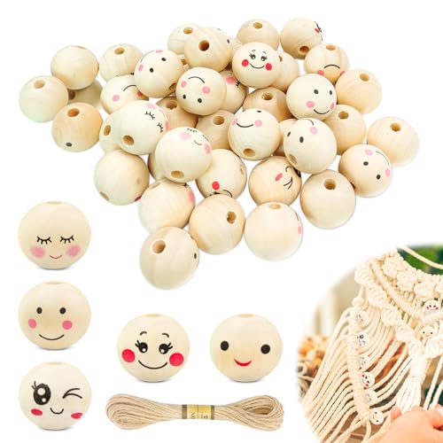 ZITUZY 100 Stück Wooden Beads with Face, Holzkugeln mit Gesicht 20mm, Round Wooden Beads, für Sorgenwürmchen Makramee Schmuck, Wooden Beads for DIY Handmade Crafts and Jewellery Making von ZITUZY