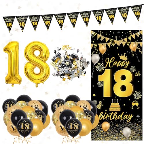 ZITUZY 18 Geburtstag Deko,18. Geburtstag Dekorationen Schwarz und Gold Backdrop Banner Luftballons, Konfetti Nummer Folie18 Luftballons, 18 Jahre alt Geburtstag Party Dekoration für Frauen männer von ZITUZY