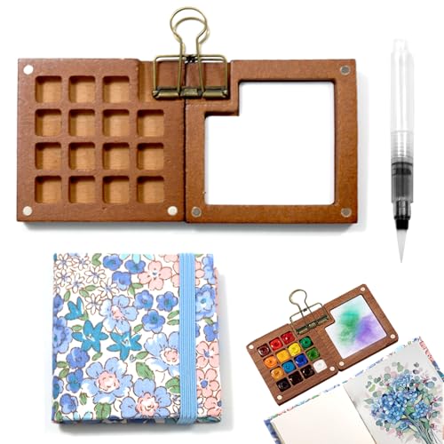 ZITUZY Aquarell Palette aus Holz, Skizzenbuch Palette Set, 15 Grids Mini Holz Reise Malpalette, Portable Paint Palette Travel Kit, mit Mini Aquarell-Zeichenbuch, Aquarellstift und Clip von ZITUZY