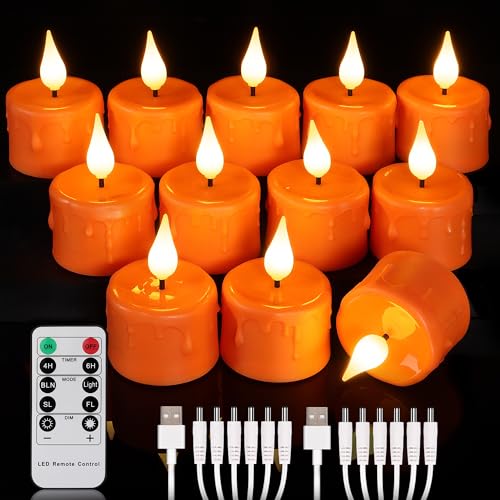 ZIYOUDOLI Wiederaufladbare LED Teelichter Halloween Orangefarbene Aufladbare Kerzen mit Fernbedienung Timer, Warmweiß dimmbare LED-Kerze für Halloween, Weihnachten Heimdekoration (Set von 12) von ZIYOUDOLI