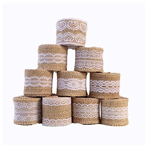 10 Rollen Juteband aus Spitze, Naturweiß, aus natürlichem Juteband und weißer Seidenspitze. Deko für Hochzeit und Geschenkverpackungen. von ZIYUEZIKUN