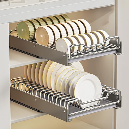 ZJFJMBD 2er-Pack ausziehbarer Schrank Organizer mit Abtropfschale, Ausziehbare Schubladen für Küchenschränke, Tellerständer aus Edelstahl (13 Löcher) + Schüsselständer (21 Löcher) von ZJFJMBD