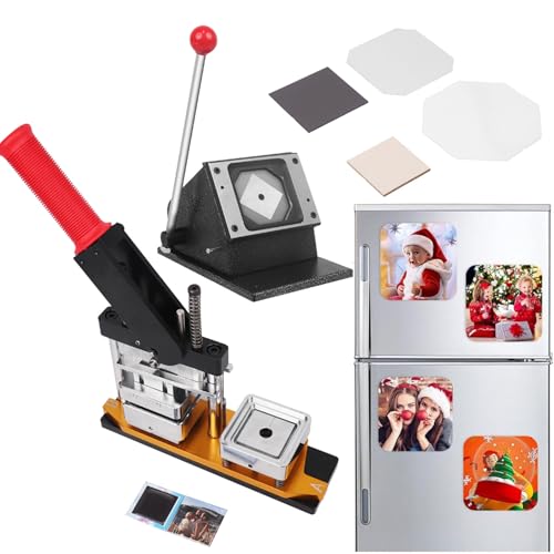 DIY-Kühlschrank-Fotomagnet-Maschine, Maschine zur Herstellung quadratischer Kühlschrankmagnete, Set zur Herstellung rechteckiger Buttons, für Bild-Buttons, 50 x 50 mm, Maschine + Karton + Magnet von ZJHESXV