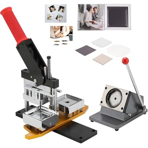 Fotomagnet-Maker-Maschine, Herstellung von quadratischen Kühlschrankmagnet-Button-Abzeichen + Papierschneider + 100-teiliges Verbrauchsmaterial, DIY-Metall-Abzeichen-Pressset zum Dekorieren von Kühls von ZJHESXV