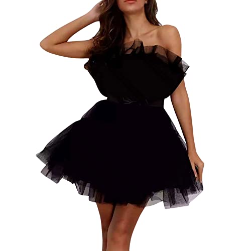 Trendiges schulterfreies Damen-Partykleid aus plissiertem Netzstoff für Hochzeiten, personalisierte ärmellose Chiffonkleider, Abendkleider, lange Strickpulloverkleider, funkelndes Kleid in einheitlic von ZJHESXV