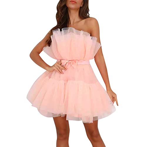 Trendiges schulterfreies Damen-Partykleid aus plissiertem Netzstoff für Hochzeiten, personalisierte ärmellose Chiffonkleider, Abendkleider, lange Strickpulloverkleider, funkelndes Kleid in einheitlic von ZJHESXV