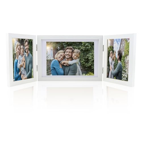 ZJRung Dreifach Bilderrahmen Holz Bilderrahmen zum Aufstellen Faltbar 13 x 18cm und 10 x 15cm Weißer Fotorahmen Collage für Hochzeit Familie Foto Wand Schreibtisch Dekoration von ZJRung