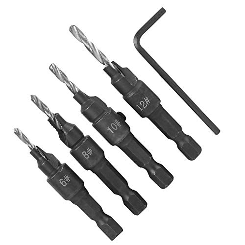 Senkbohrer für Holz, 4-teilig, Kohlenstoffstahl-Bohrer-Set, Sechskantschaft, Senker-Bohrer-Set, 6–12# Hartmetallbohrer, Metallbohrer-Set für Stahl mit Sechskantschlüssel von ZJchao