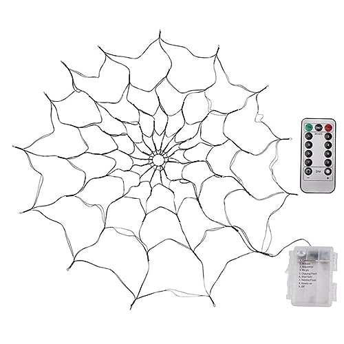 ZJchao Halloween Spinnennetz Lichter, LED beleuchtetes Spinnennetz Durchmesser 1,2 M Orangefarbene Halloween Dekoration mit Fernbedienung für Haushof Garten Indoor Outdoor von ZJchao