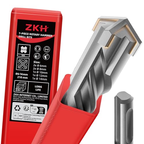 ZKH SDS Plus Bohrer Set 7 Stück, Betonbohrer 210mm(Ø 6,8,10,12,14 mm), Hammerbohrer mit 4 Schneiden, Steinbohrer zum Bohren von Beton, Stein, Ziegel, Fliesen von ZKH