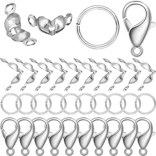 ZKSXOA 450 Stück Kettenverschluss, Karabinerverschluss Offenem Sprungringsatz, Armband Verschluss und Biegeringe, Druckknopf- und Perlenabdeckung für Schmuckherstellung,Silber von ZKSXOA