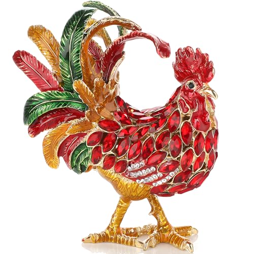 ZKSYLSM Handgefertigte Emaille-Schmuckschatulle mit rubinroten Akzenten, kleine Schmuckschatulle für Ringe und Andenken, Schminktischdekoration, 11,4 x 8,9 cm, (Rooster-Design) von ZKSYLSM