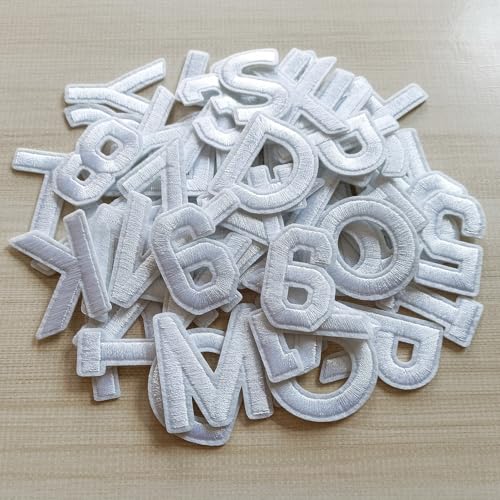 ZLETTERY 3,8 cm 72 Stück Buchstaben und Zahlen Aufnäher, Alphabet bestickter Aufnäher A-Z, Zahlen 0-9 Applikation für Kleidung, Jacken, Hüte, Rucksäcke, Jeans, Weiß von ZLETTERY