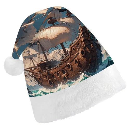 ZLFDSKGY Weihnachtsmütze, Fantasie-Piratenschiff, bedruckt, Weihnachtsmannmütze, Erwachsene, Weihnachtsmütze, Neujahrsparty, festliches Zubehör für Uni-Geschenk von ZLFDSKGY