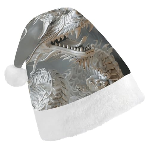 ZLFDSKGY Weihnachtsmütze, weißer Drachen-Stil, bedruckt, Weihnachtsmannmütze, Erwachsene, Weihnachtsmütze, Neujahrsparty, festliches Zubehör für Uni-Geschenk von ZLFDSKGY