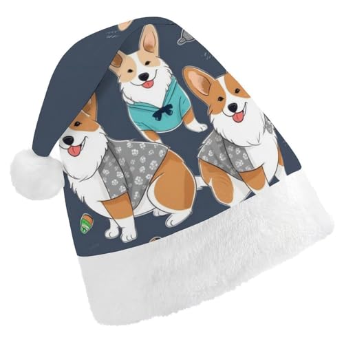 ZLFDSKGY Weihnachtsmütze mit Kleidung, Corgi-Hunde, bedruckt, Weihnachtsmannmütze, Erwachsene, Weihnachtsmütze, Neujahrsparty, festliches Zubehör für Uni-Geschenk von ZLFDSKGY