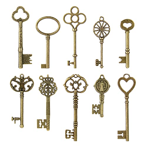 ZLKSKER Filigrane Steampunk-Schlüssel, doppelseitiges Vintage-Skelett-Schlüssel-Set, antike Bronze-Schlüssel, Charm-Anhänger (10) von ZLKSKER