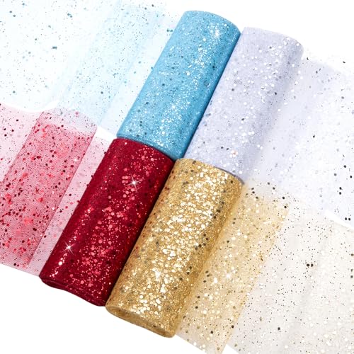 Tüll Stoff Pailletten Stoff Tüll Spule Funkelnde Tüllband Mit Kleine Glitter Tüll Rollen für Hochzeit Bankett Party Dekor Geschenk Bastelbedarf Bogen DIY(Gold Rot Weiß Blau)10yards 4 Stück von ZLLkeji