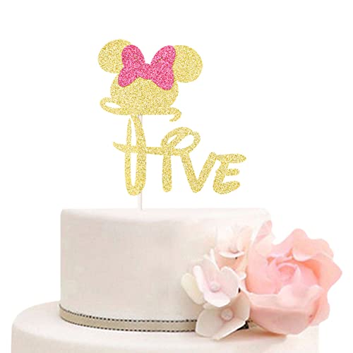 Fünf Tortenaufsatz Mickey & Minnie Thema Happy 5th Birthday Cake Topper für Mädchen, Disney Fünfth Birthday Party Dekorationen, Gold & Rosa Glitzer von ZLPDS