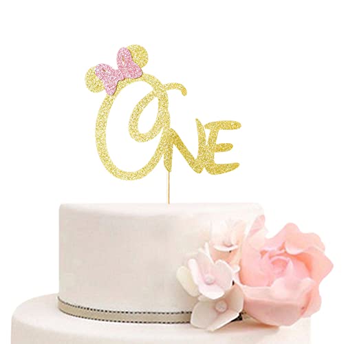 One Cake Topper, Mickey & Minnie Thema Happy 1st Birthday Cake Topper für Mädchen, Disney First Birthday Party Dekorationen, Gold Glitter von ZLPDS