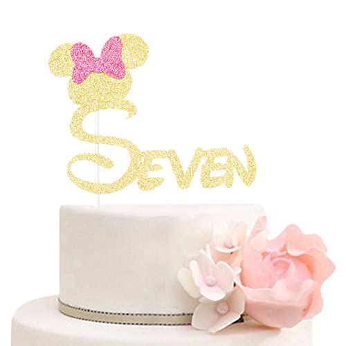 Sieben Tortenaufsatz Mickey & Minnie Thema Happy 7th Birthday Cake Topper für Mädchen, Disney Siebte Geburtstag Party Dekorationen, Gold & Rosa Glitzer von ZLPDS