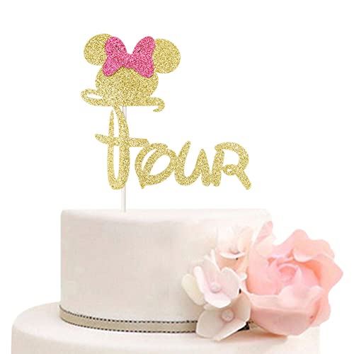 Vier Tortenaufleger Mickey & Minnie Thema Happy 4th Birthday Cake Topper für Mädchen, Disney Fourth Birthday Party Dekorationen, Gold & Rosa Glitzer von ZLPDS