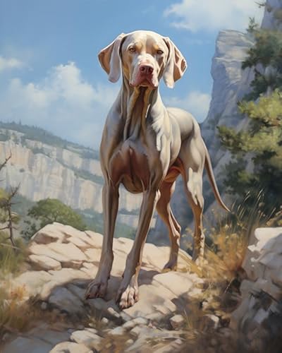 DIY Handgemalt Ölgemälde auf Leinwand Kit,Weimaraner Hund, Berg, Landschaft,Malen nach Zahlen für Erwachsene Anfänger Home Deko Bastelset,40x50cm von ZLYHAL