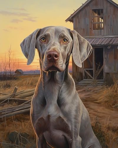 DIY Malen Nach Zahlen Kits Für Erwachsene Weimaraner Hund, Bauernhof Dämmerung Landschaft Acryl Malerei Kit Für Erwachsene Anfänger Geschenk Dekoration,40x50cm von ZLYHAL