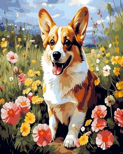 DIY Malen Nach Zahlen für Erwachsene,Corgi in Blumen,DIY ölgemäLde Weihnachten Geschenke Wandkunst Dekorati,40x50cm von ZLYHAL