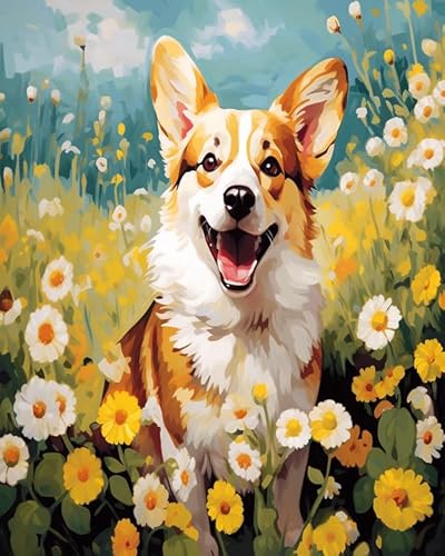 DIY Malen nach Zahlen Kits,Corgi in Blumen,Leinwand Ölgemälde Kit für Erwachsene Anfänger DIY Arts Geschenk Home Deko,40x50cm von ZLYHAL