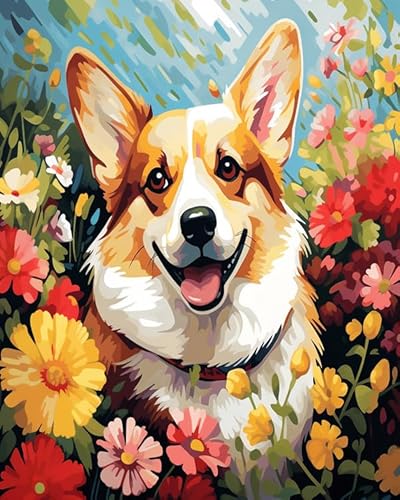 DIY Malen nach Zahlen Kits Geschenk Corgi in Blumen Malen nach Zahlen Handgemalt,40x50cm von ZLYHAL