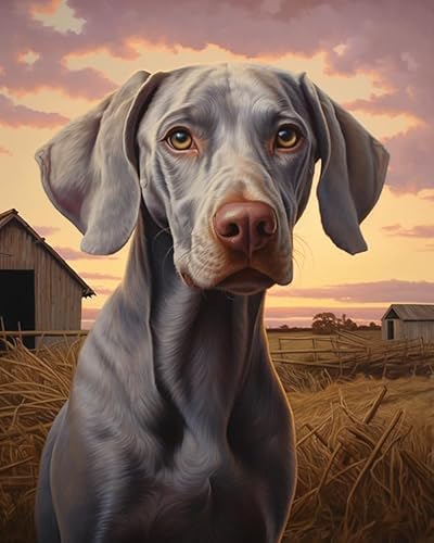 Malen Nach Zahlen DIY Handgemalt ölgemäLde Kits Geschenk für Erwachsene Weimaraner Hund, Bauernhof Dämmerung Landschaft Paint by Numbers Geburtstag Home Haus Deko,40x50cm von ZLYHAL