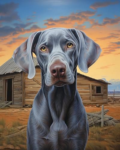 Malen Nach Zahlen für Erwachsene DIY ölgemäLde Malen Nach Zahlen Kits,Weimaraner Hund, Bauernhof Dämmerung Landschaft Includes Brushes and Acrylic Pigment Home Haus Deko,40x50cm von ZLYHAL