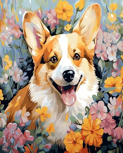 Malen nach Zahlen für Erwachsene,Corgi in Blumen,Malen-nach-Zahlen-Set auf Leinwand,DIY-Acryl-Digital-Öl-Zahlen-Malset für Geschenke,40x50cm von ZLYHAL