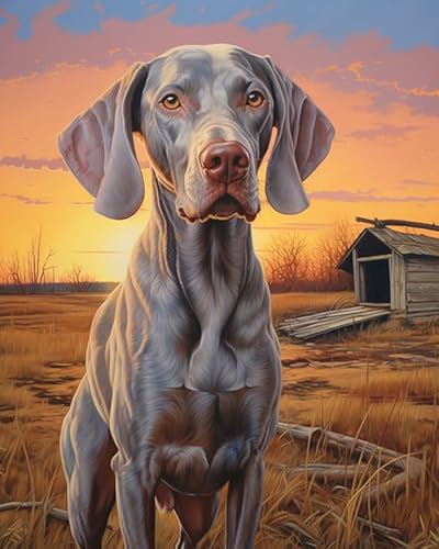 Malen nach Zahlen für Erwachsene,Weimaraner Hund, Bauernhof Dämmerung Landschaft,DIY Leinwand Ölgemälde-Set für Anfänger,Malen nach Zahlen-Kit,40x50cm von ZLYHAL