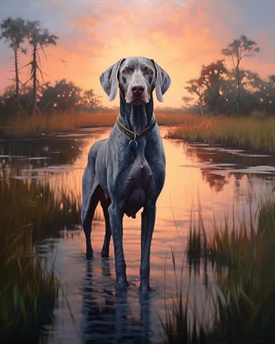 Malen nach Zahlen für Erwachsene,Weimaraner Hund, Bauernhof Dämmerung Landschaft,DIY Ölgemälde Malen nach Zahlen Erwachsene,Öl Wandkunst,40x50cm von ZLYHAL