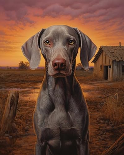 Malen nach Zahlen für Erwachsene,Weimaraner Hund, Bauernhof Dämmerung Landschaft,Malen-nach-Zahlen-Set auf Leinwand,DIY-Acryl-Digital-Öl-Zahlen-Malset für Spiele,40x50cm von ZLYHAL