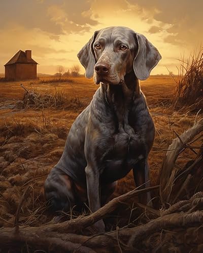 Malen nach Zahlen für Erwachsene,Weimaraner Hund, Bauernhof Dämmerung Landschaft DIY Ölgemälde nach Zahlen auf Leinwand ohne Rahmen,40x50cm von ZLYHAL