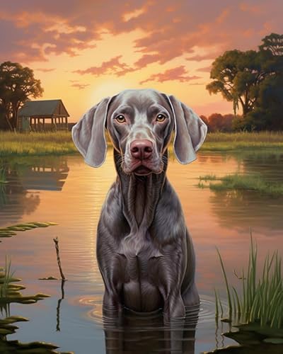 Ölgemälde Malen nach Zahlen Kits Weimaraner Hund, Bauernhof Dämmerung Landschaft Paint by Numbers Geburtstag Home Haus Deko-Ohne Rahmen,40x50cm von ZLYHAL