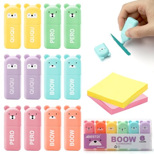 ZMDMAH 12 Stück Mini Textmarker mit 2 Pcs Sticky Notes, Bär Textmarker, Highlighter Pen Marker Pastell Textmarker, Haftnotizzettel, Haftnotizen Aesthetic Marker Stifte Textmarker Set von ZMDMAH