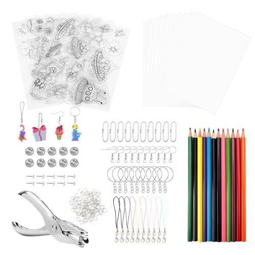 ZMDMAH 183 Stück Schrumpffolie Set Schlüsselanhänger, Schrumpffolien Set für Kinder, Inklusiv Schrumpffolie A5 Schrumpfpapier, Schlüsselanhänger, Bleistifte, Kugelketten, Locher, Pinzette von ZMDMAH