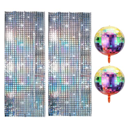 ZMDMAH 2 Stück Glitzervorhang Metallische Glitzervorhang 1m×2m und 4d Discokugel Silber Lametta VorhäNge Disco Deko Party Glitzer Tischdecke Lametta Vorhang Silber Party 80er Party Deko von ZMDMAH