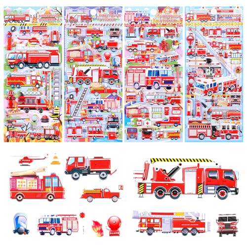 ZMDMAH 4 Blätter 3D Feuerwehr Sticker Kinder, Puffy Aufkleber Kinder Sticker Set, Sticker Feuerwehr Aufkleber Junge Mädchen, Kinder Aufkleber für Belohnungssticker Party Kindergeburtstag Gastgeschenke von ZMDMAH