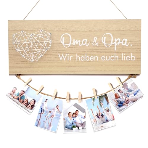 ZMDMAH Geschenk für Oma und Opa Wand Bilderrahmen Collage Wir Haben Euch Lieb Holzschild mit Fotoseil und Holz Klammern Geburtstagsgeschenk für Großeltern Foto von ZMDMAH