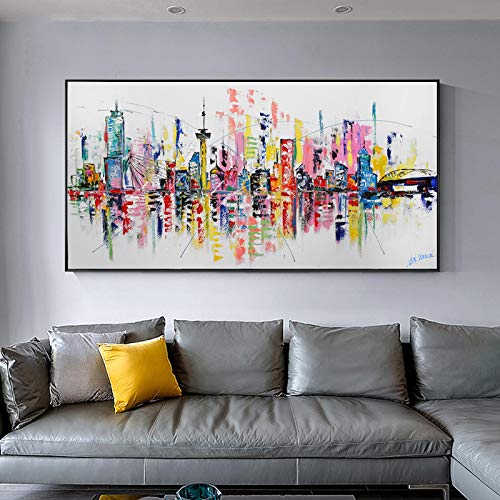 ZMFBHFBH Abstrakte Wandkunst Bunte Stadtbilder Leinwand Keuchende Landschaft Poster Und Drucke Wandkunst Für Wohnzimmer Wohnkultur 50x100cm (20x39in) Mit Rahmen von ZMFBHFBH