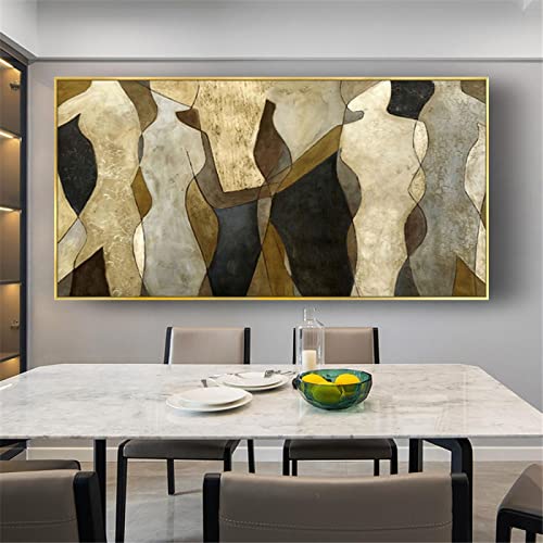 Ölgemälde Wandkunst Bild Wohnkultur Leinwand Malerei Wohnzimmer Modern Gerahmt Dunkelgrau und Weiß Blattgold 85x170cm (33x67in) Mit Rahmen von ZMFBHFBH