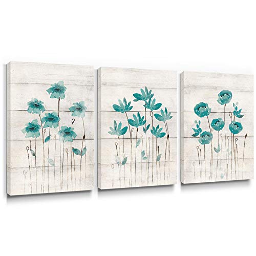 Teal Bauernhaus Skandinavien Wohnzimmer Dekor Wandkunst Leinwand Gemälde Blumenbild Botanisches Poster für Modernes Schlafzimmer 60x80cm(24x32)x3 Mit Rahmen von ZMFBHFBH