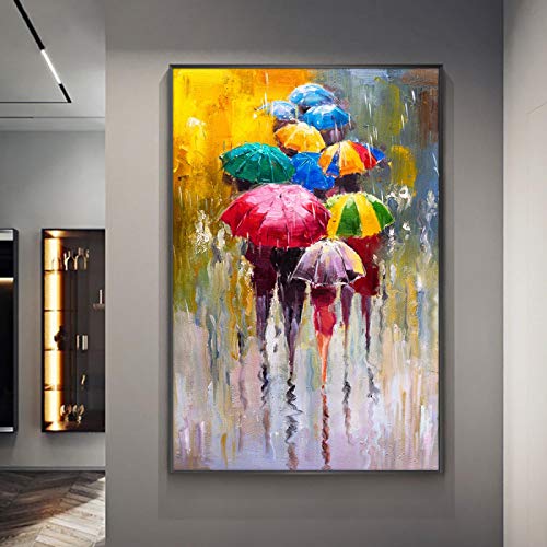 ZMFBHFBH Ölgemälde auf Leinwand Menschen halten Regenschirme im Regen Wandkunst gerahmte Bilder für Hotel Dekoration 70x100cm (28x39in) mit Rahmen von ZMFBHFBH