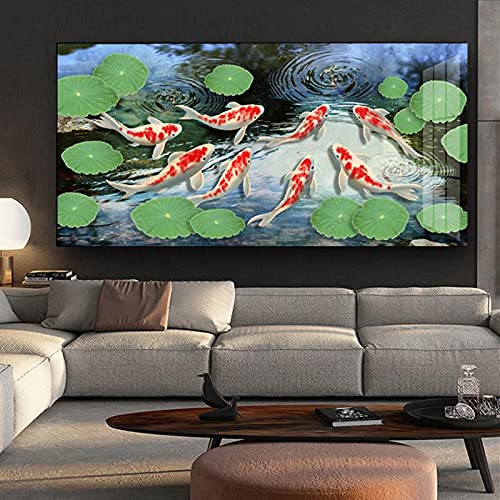 ZMFBHFBH Wandkunst Bilder Für Wohnzimmer Koi Fische Feng Shui Karpfen Lotus Teich Bilder Ölgemälde auf Leinwand Poster und Drucke 40x80cm (16x32in) Mit Rahmen von ZMFBHFBH